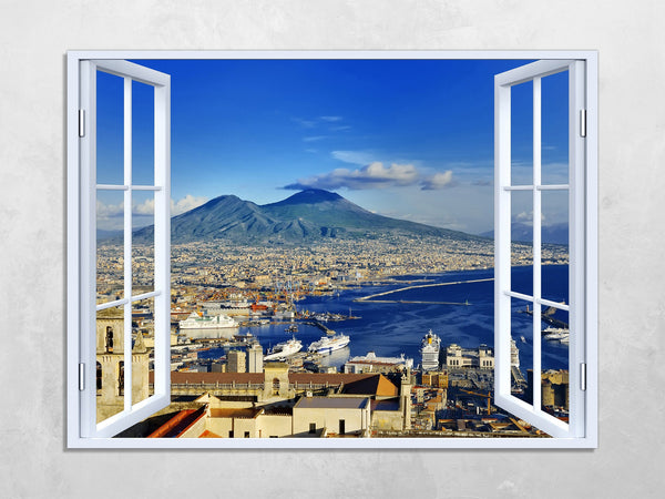 Quadro Finestra golfo di napoli vesuvio 100x75 cm Stampa su Tela con Telaio in Legno Arredamento Arte Arredo Moderno - Made in Italy