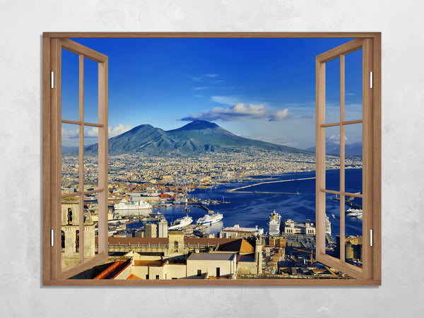 Quadro Finestra golfo di napoli vesuvio 100x75 cm Stampa su Tela con Telaio in Legno Arredamento Arte Arredo Moderno - Made in Italy