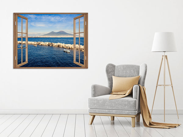 Quadro Finestra golfo di napoli vesuvio 100x75 cm Stampa su Tela con Telaio in Legno Arredamento Arte Arredo Moderno - Made in Italy