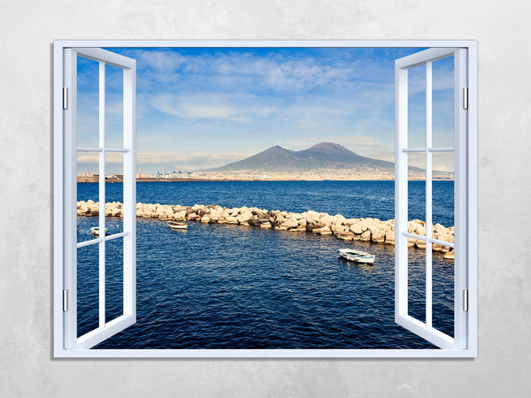 Quadro Finestra golfo di napoli vesuvio 100x75 cm Stampa su Tela con Telaio in Legno Arredamento Arte Arredo Moderno - Made in Italy