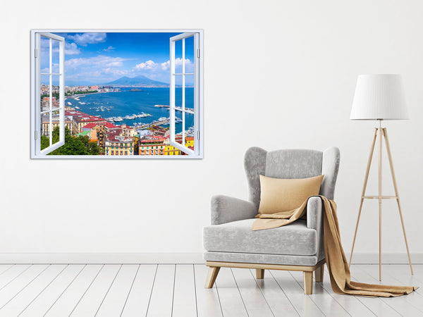Quadro Finestra golfo di napoli vesuvio 100x75 cm Stampa su Tela con Telaio in Legno Arredamento Arte Arredo Moderno - Made in Italy