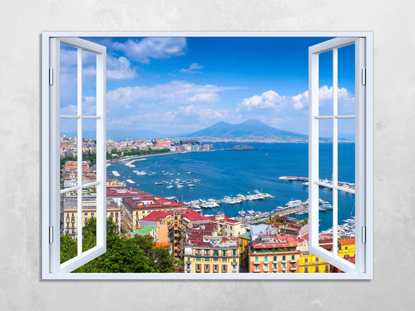 Quadro Finestra golfo di napoli vesuvio 100x75 cm Stampa su Tela con Telaio in Legno Arredamento Arte Arredo Moderno - Made in Italy