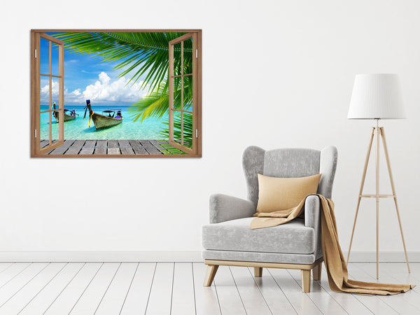 Quadro Finestra isola tropicale 100x75 cm Stampa su Tela con Telaio in Legno Arredamento Arte Arredo Moderno - Made in Italy
