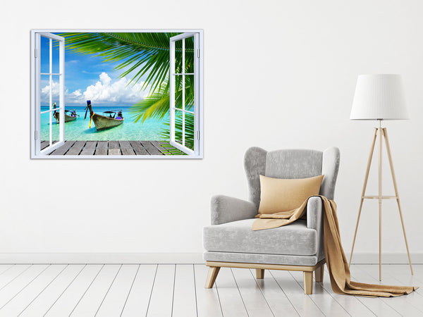 Quadro Finestra isola tropicale 100x75 cm Stampa su Tela con Telaio in Legno Arredamento Arte Arredo Moderno - Made in Italy