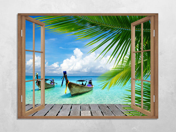 Quadro Finestra isola tropicale 100x75 cm Stampa su Tela con Telaio in Legno Arredamento Arte Arredo Moderno - Made in Italy