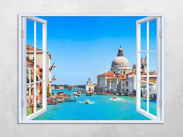 Quadro Finestra venezia canal grande 100x75 cm Stampa su Tela con Telaio in Legno Arredamento Arte Arredo Moderno - Made in Italy