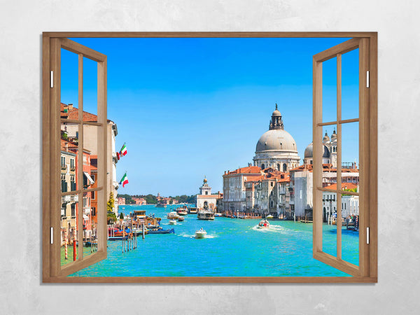 Quadro Finestra venezia canal grande 100x75 cm Stampa su Tela con Telaio in Legno Arredamento Arte Arredo Moderno - Made in Italy