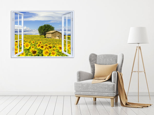Quadro Finestra paesaggio campo da girasole 100x75 cm Stampa su Tela con Telaio in Legno Arredamento Arte Arredo Moderno - Made in Italy