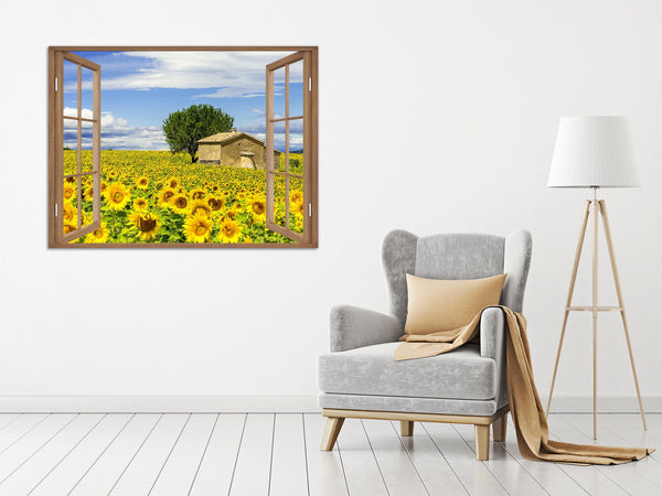 Quadro Finestra paesaggio campo da girasole 100x75 cm Stampa su Tela con Telaio in Legno Arredamento Arte Arredo Moderno - Made in Italy