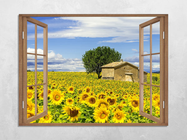 Quadro Finestra paesaggio campo da girasole 100x75 cm Stampa su Tela con Telaio in Legno Arredamento Arte Arredo Moderno - Made in Italy