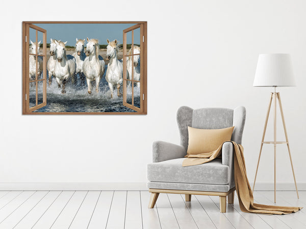 Quadro Finestra cavalli spiaggia  100x75 cm Stampa su Tela con Telaio in Legno Arredamento Arte Arredo Moderno - Made in Italy
