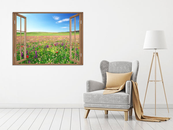 Quadro Finestra paesaggio campo fiorito 100x75 cm Stampa su Tela con Telaio in Legno Arredamento Arte Arredo Moderno - Made in Italy