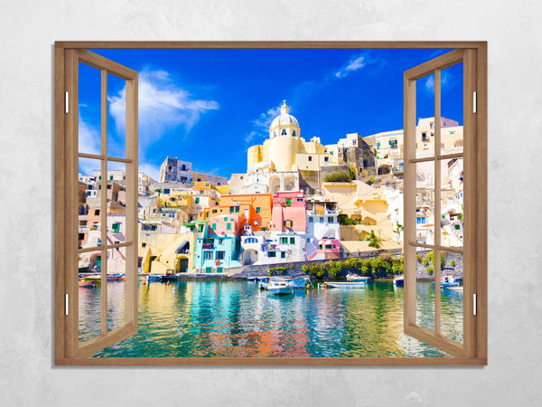 Quadro Finestra napoli isola di procida 100x75 cm Stampa su Tela con Telaio in Legno Arredamento Arte Arredo Moderno - Made in Italy