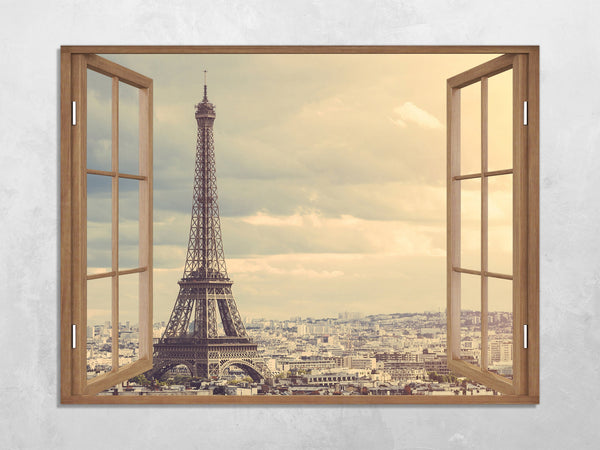 Quadro Finestra parigi Torre Eiffel 100x75 cm Stampa su Tela con Telaio in Legno Arredamento Arte Arredo Moderno - Made in Italy