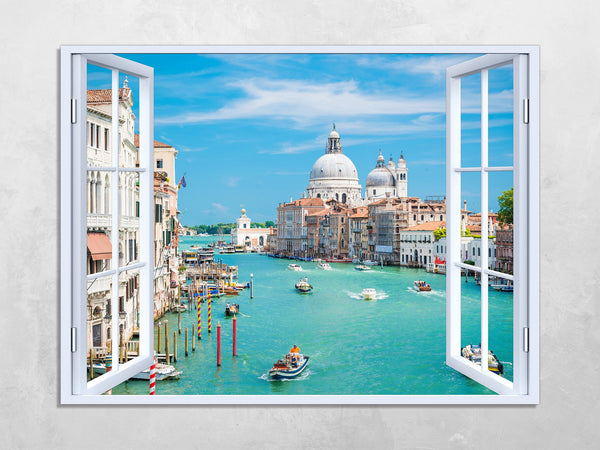 Quadro Finestra venezia canal grande 100x75 cm Stampa su Tela con Telaio in Legno Arredamento Arte Arredo Moderno - Made in Italy