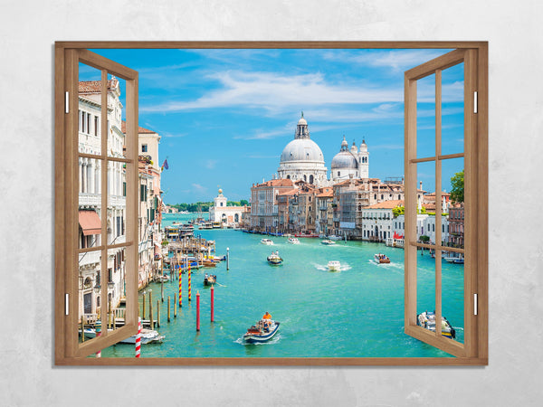 Quadro Finestra venezia canal grande 100x75 cm Stampa su Tela con Telaio in Legno Arredamento Arte Arredo Moderno - Made in Italy