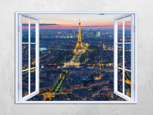 Quadro Finestra parigi Torre Eiffel 100x75 cm Stampa su Tela con Telaio in Legno Arredamento Arte Arredo Moderno - Made in Italy