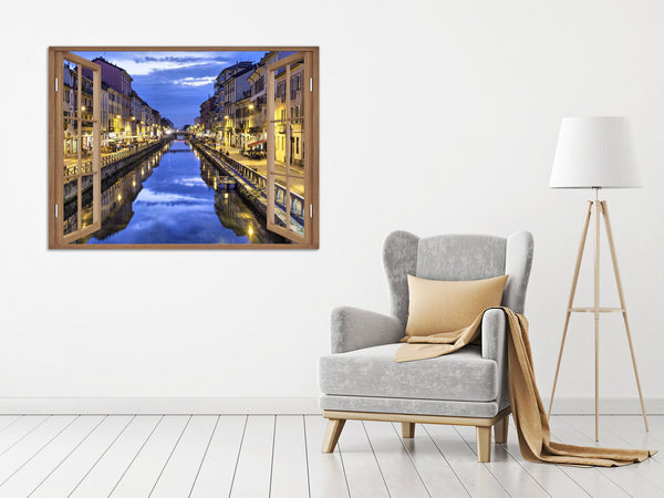Quadro Finestra milano navigli 100x75 cm Stampa su Tela con Telaio in Legno Arredamento Arte Arredo Moderno - Made in Italy