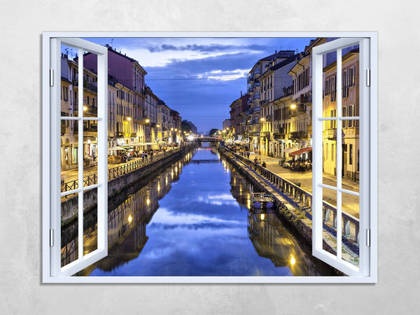 Quadro Finestra milano navigli 100x75 cm Stampa su Tela con Telaio in Legno Arredamento Arte Arredo Moderno - Made in Italy