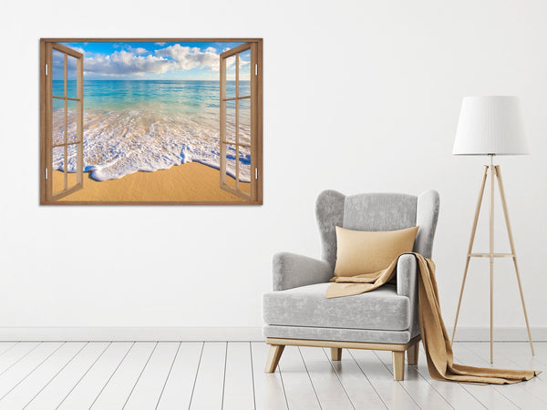 Quadro Finestra paesaggio mare spiaggia 100x75 cm Stampa su Tela con Telaio in Legno Arredamento Arte Arredo Moderno - Made in Italy
