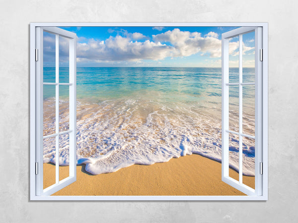 Quadro Finestra paesaggio mare spiaggia 100x75 cm Stampa su Tela con Telaio in Legno Arredamento Arte Arredo Moderno - Made in Italy