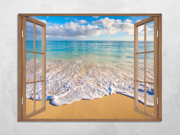 Quadro Finestra paesaggio mare spiaggia 100x75 cm Stampa su Tela con Telaio in Legno Arredamento Arte Arredo Moderno - Made in Italy