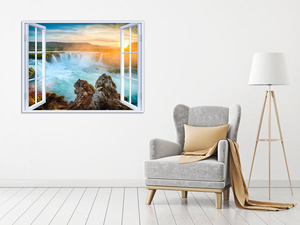 Quadro Finestra paesaggio cascate tramonto 100x75 cm Stampa su Tela con Telaio in Legno Arredamento Arte Arredo Moderno - Made in Italy