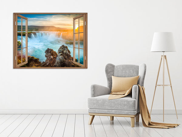 Quadro Finestra paesaggio cascate tramonto 100x75 cm Stampa su Tela con Telaio in Legno Arredamento Arte Arredo Moderno - Made in Italy