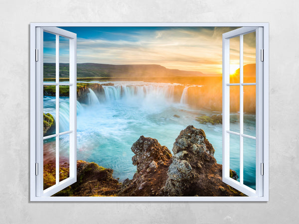 Quadro Finestra paesaggio cascate tramonto 100x75 cm Stampa su Tela con Telaio in Legno Arredamento Arte Arredo Moderno - Made in Italy