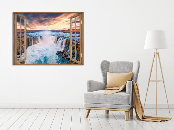 Quadro Finestra paesaggio cascate tramonto 100x75 cm Stampa su Tela con Telaio in Legno Arredamento Arte Arredo Moderno - Made in Italy