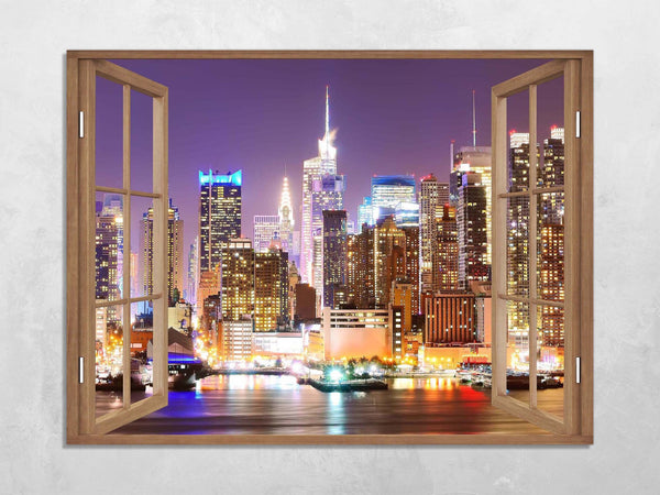 Quadro Finestra new york 100x75 cm Stampa su Tela con Telaio in Legno Arredamento Arte Arredo Moderno - Made in Italy
