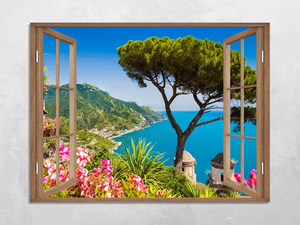 Quadro Finestra Costiera Amalfitana 100x75 cm Stampa su Tela con Telaio in Legno Arredamento Arte Arredo Moderno - Made in Italy