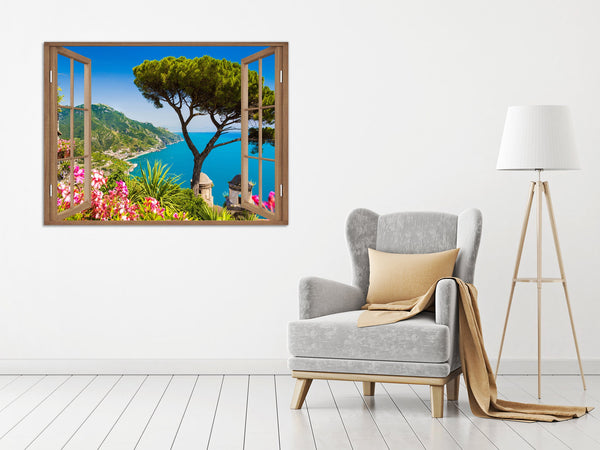Quadro Finestra Costiera Amalfitana 100x75 cm Stampa su Tela con Telaio in Legno Arredamento Arte Arredo Moderno - Made in Italy