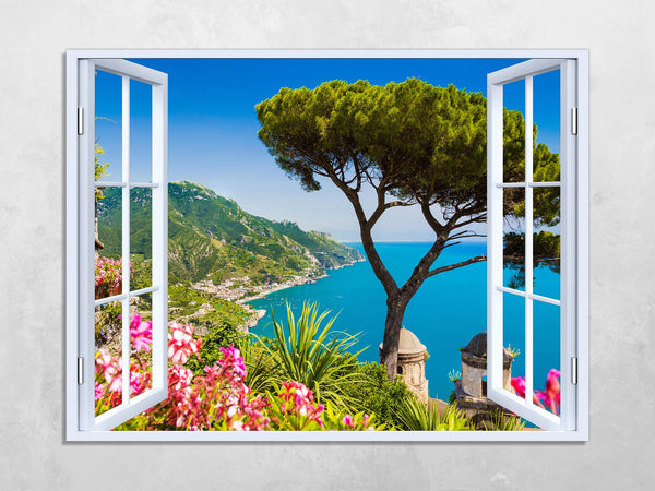 Quadro Finestra Costiera Amalfitana 100x75 cm Stampa su Tela con Telaio in Legno Arredamento Arte Arredo Moderno - Made in Italy