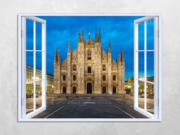 Quadro Finestra milano duomo 100x75 cm Stampa su Tela con Telaio in Legno Arredamento Arte Arredo Moderno - Made in Italy