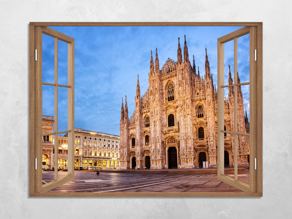 Quadro Finestra milano duomo 100x75 cm Stampa su Tela con Telaio in Legno Arredamento Arte Arredo Moderno - Made in Italy