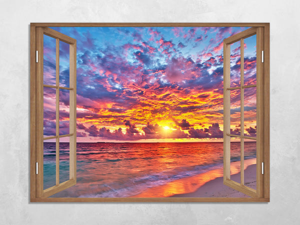 Quadro Finestra mare spiaggia tramonmto 100x75 cm Stampa su Tela con Telaio in Legno Arredamento Arte Arredo Moderno - Made in Italy