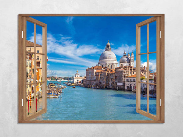 Quadro Finestra venezia canal grande 100x75 cm Stampa su Tela con Telaio in Legno Arredamento Arte Arredo Moderno - Made in Italy