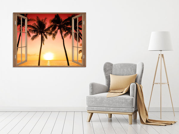Quadro Finestra tramonto isola tropicale 100x75 cm Stampa su Tela con Telaio in Legno Arredamento Arte Arredo Moderno - Made in Italy