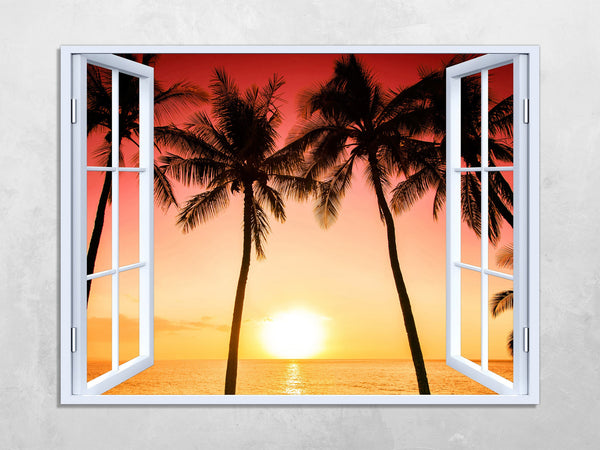 Quadro Finestra tramonto isola tropicale 100x75 cm Stampa su Tela con Telaio in Legno Arredamento Arte Arredo Moderno - Made in Italy
