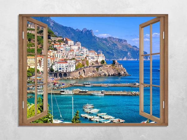 Quadro Finestra Costiera Amalfitana 100x75 cm Stampa su Tela con Telaio in Legno Arredamento Arte Arredo Moderno - Made in Italy