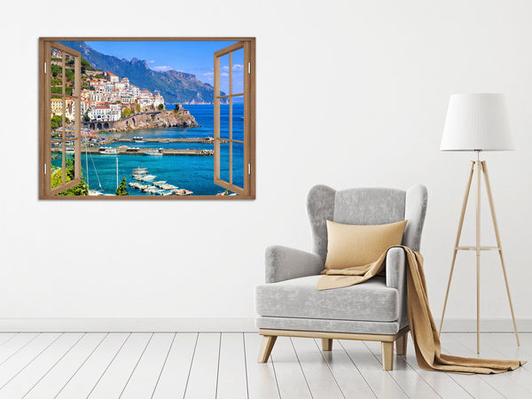 Quadro Finestra Costiera Amalfitana 100x75 cm Stampa su Tela con Telaio in Legno Arredamento Arte Arredo Moderno - Made in Italy
