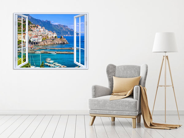 Quadro Finestra Costiera Amalfitana 100x75 cm Stampa su Tela con Telaio in Legno Arredamento Arte Arredo Moderno - Made in Italy
