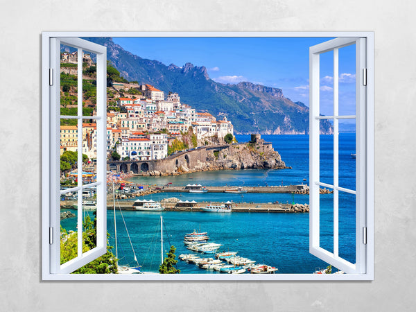 Quadro Finestra Costiera Amalfitana 100x75 cm Stampa su Tela con Telaio in Legno Arredamento Arte Arredo Moderno - Made in Italy