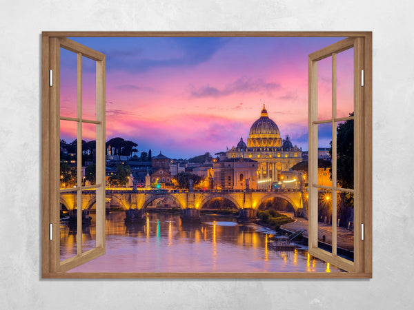 Quadro Finestra roma 100x75 cm Stampa su Tela con Telaio in Legno Arredamento Arte Arredo Moderno - Made in Italy