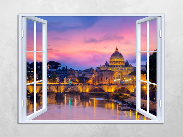 Quadro Finestra roma 100x75 cm Stampa su Tela con Telaio in Legno Arredamento Arte Arredo Moderno - Made in Italy