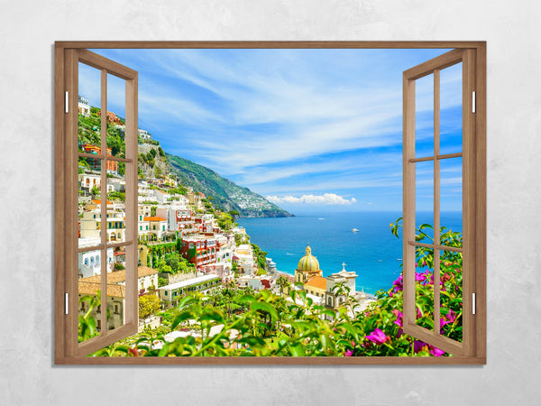 Quadro Finestra Costiera Amalfitana 100x75 cm Stampa su Tela con Telaio in Legno Arredamento Arte Arredo Moderno - Made in Italy