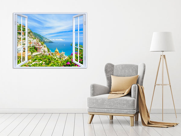 Quadro Finestra Costiera Amalfitana 100x75 cm Stampa su Tela con Telaio in Legno Arredamento Arte Arredo Moderno - Made in Italy