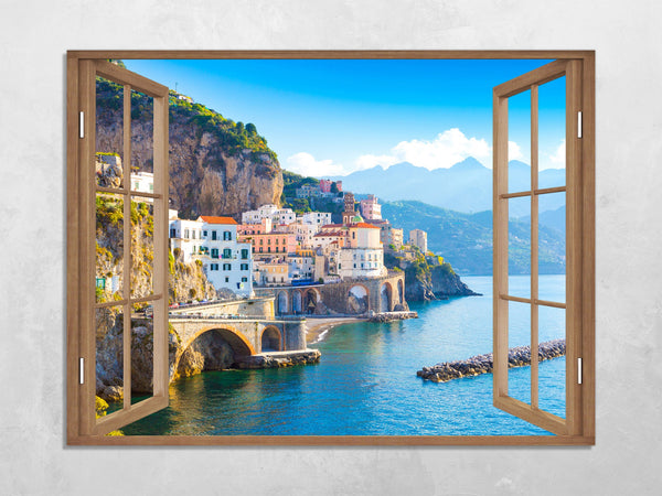 Quadro Finestra Costiera Amalfitana 100x75 cm Stampa su Tela con Telaio in Legno Arredamento Arte Arredo Moderno - Made in Italy