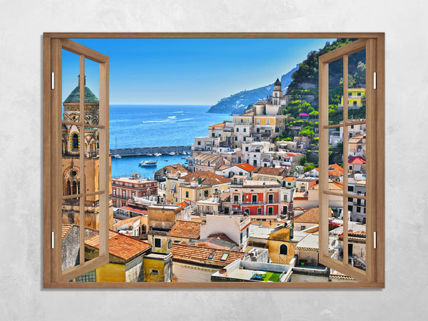 Quadro Finestra Costiera Amalfitana 100x75 cm Stampa su Tela con Telaio in Legno Arredamento Arte Arredo Moderno - Made in Italy